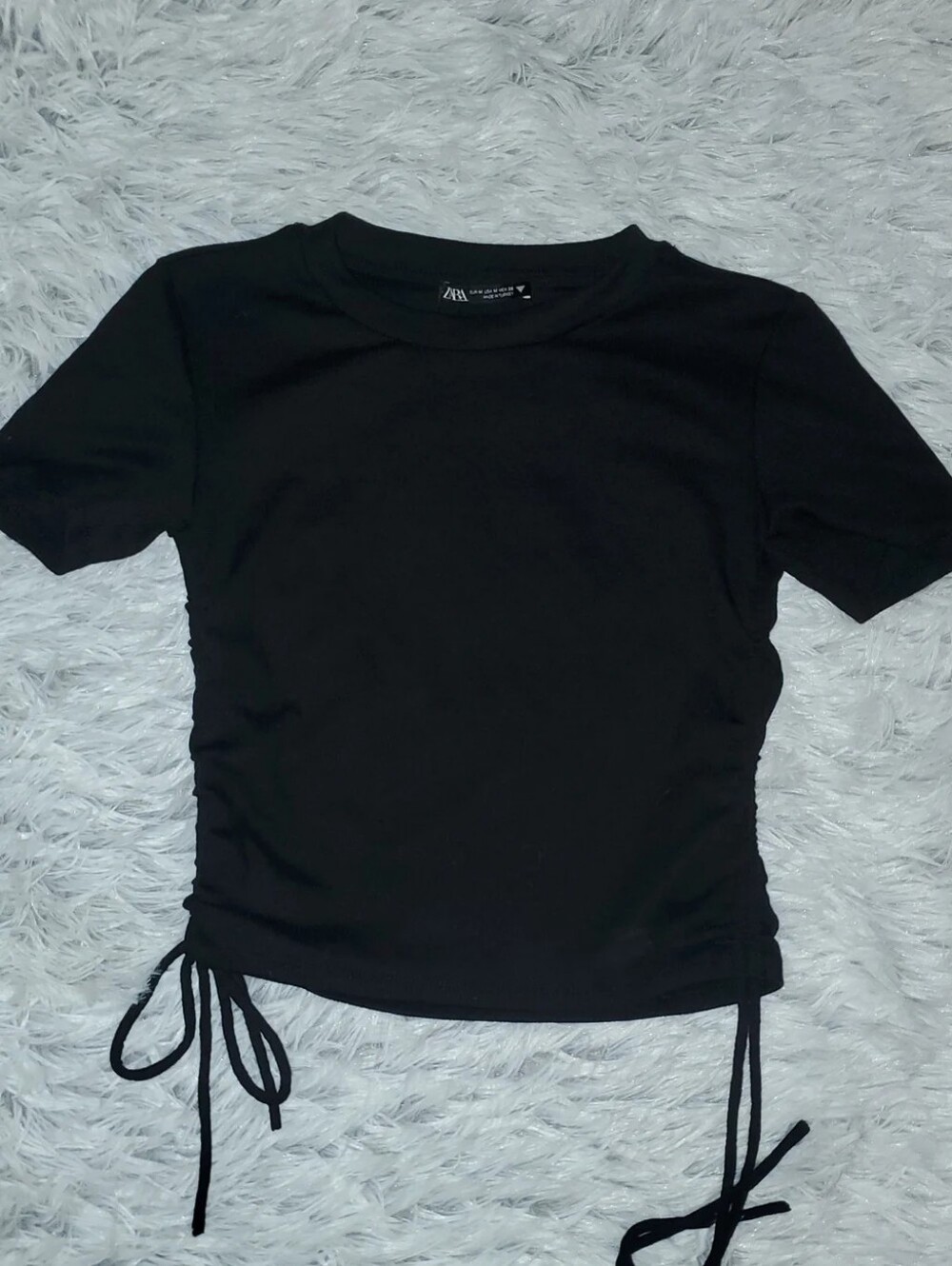 **Zara Black Ruched Side Tie Short Sleeve Crop Top Size Medium NWT**